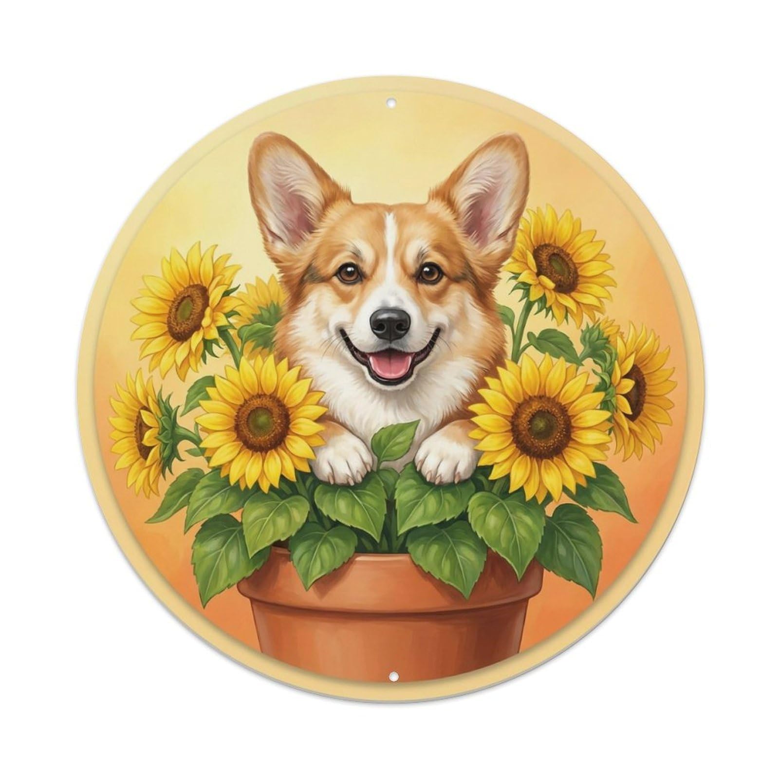Okahys 8X8inch(20X20cm) Welcome Corgi Sunflower Field Metal Tin Sign