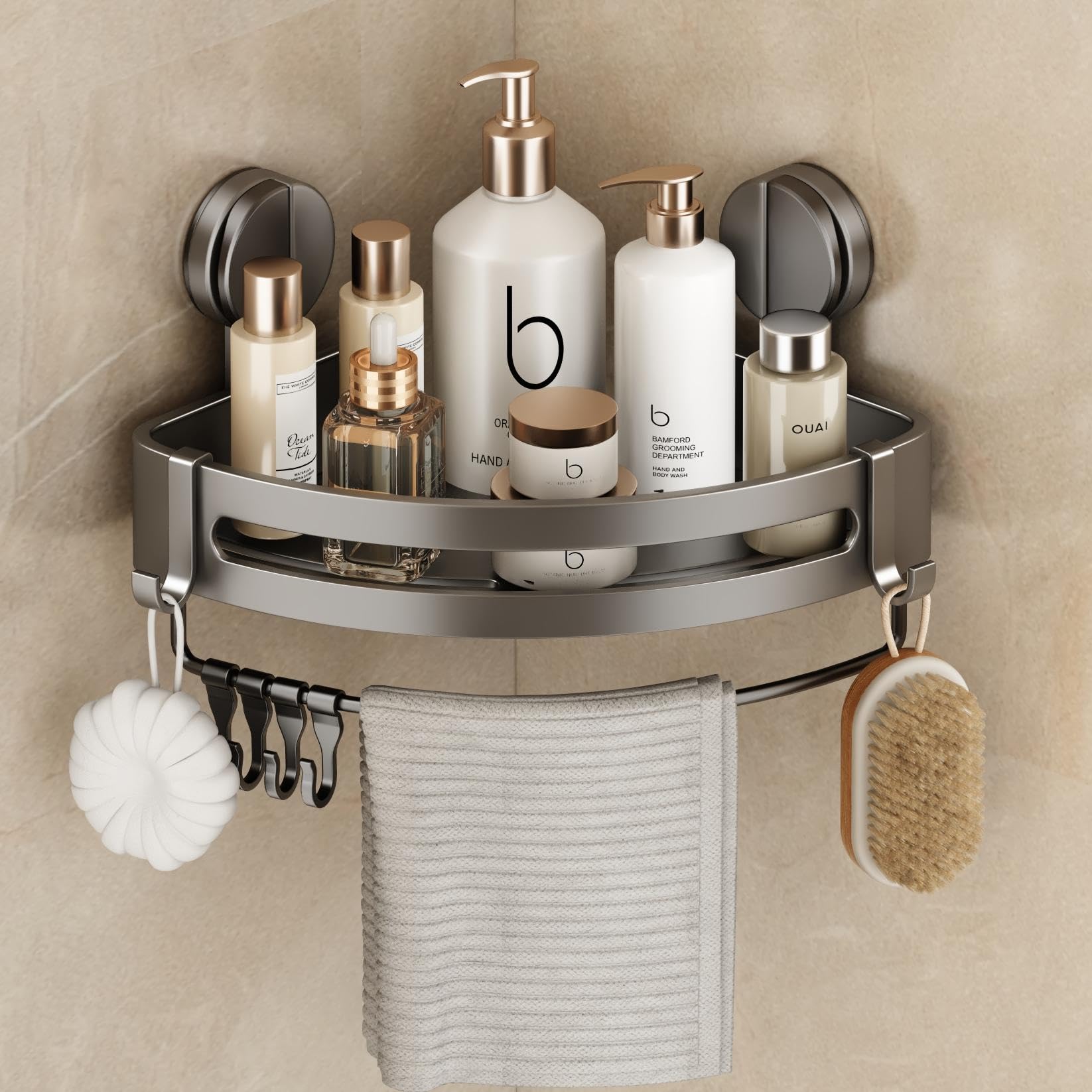 VOLPONE 2 Pack Shower Caddy Suction Cup, Corner Shower Shelves No Drilling, Showers Organizer Storage with Towel Bar & Removable Hooks, Bathroom Shower Shelf Rack for Inside Showers, Triangle — view 10