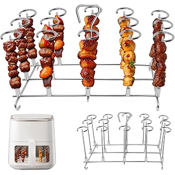 BBQ Kebab Skewers Stainless Steel Airfryer Accessories Barbecue Skewer Set 24 x Barbecue Skewers + Round Grill Rack Compatible with Airfryer Hot Air Fryer Oven 14 Rectangular