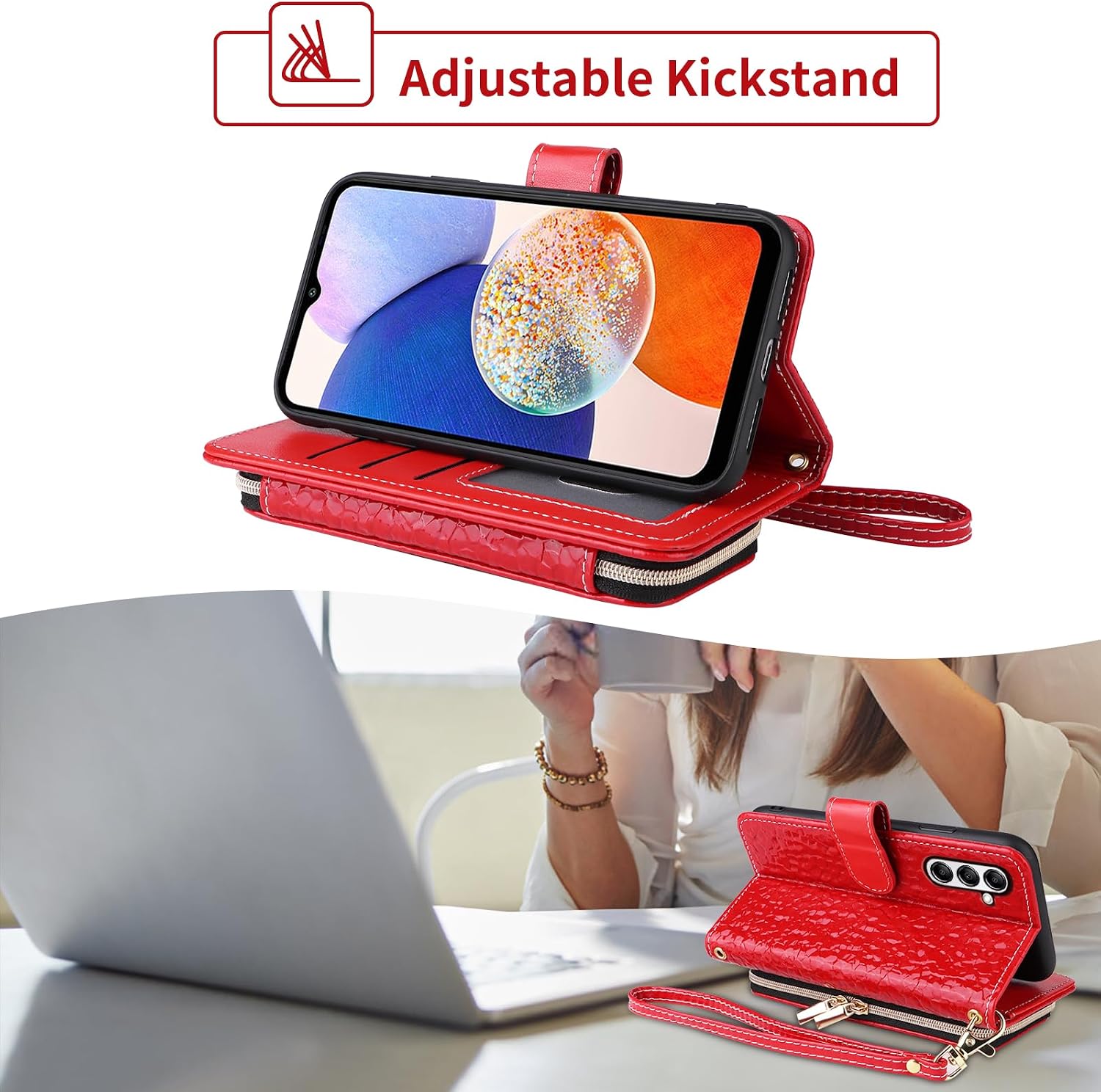 Argyle Wallet Case for Samsung Galaxy A54 5G with Crossbody/Wrist Strap Luxury PU Leather Kickstand Zipper Purse Shockproof Card Holder Cell Phone Cover for A545G A 54 54A 4G G5 SM A546U Red