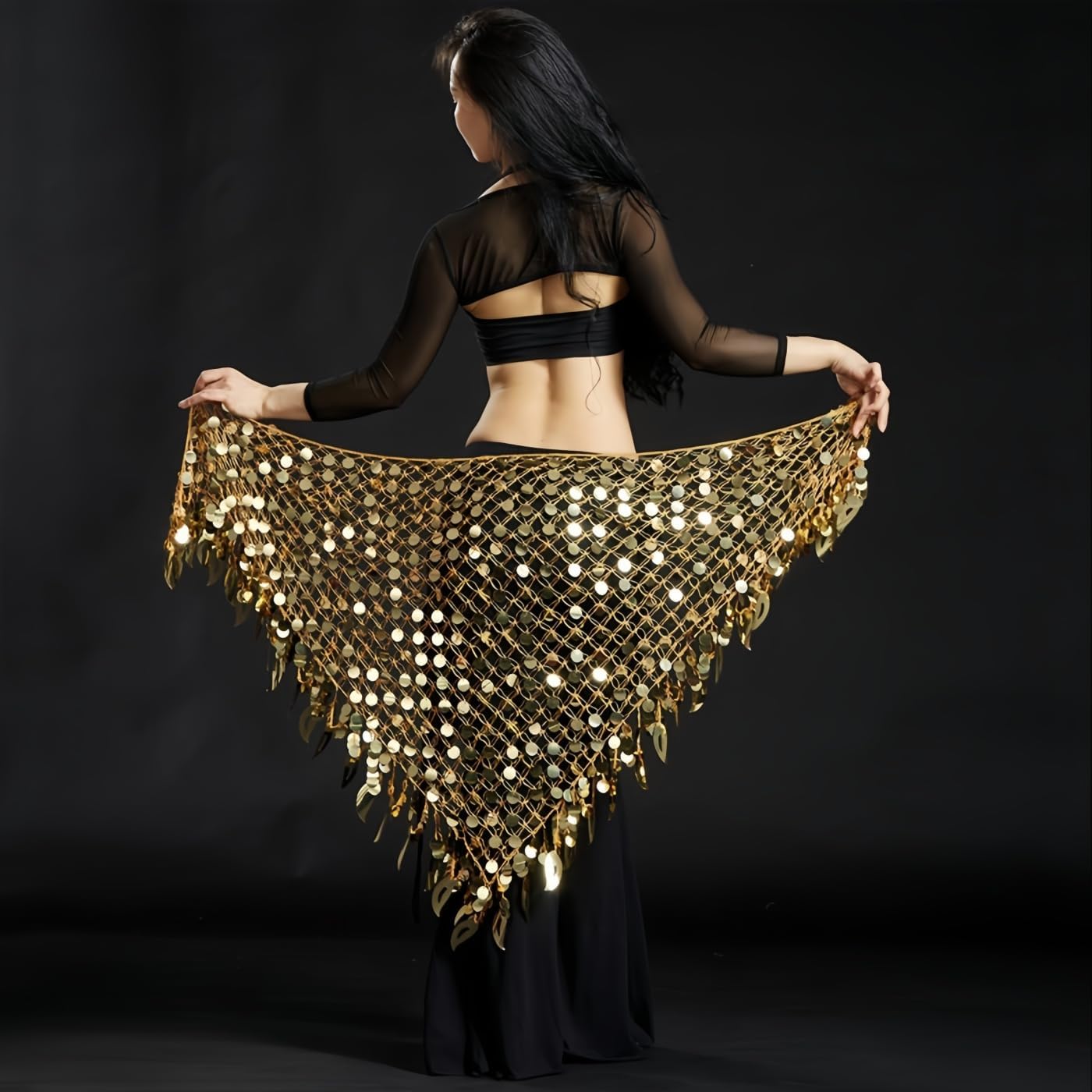 Women Belly Dance Hip Scarf Sequins Mesh Triangle Wrap Skirt Waist Chain - Image 3