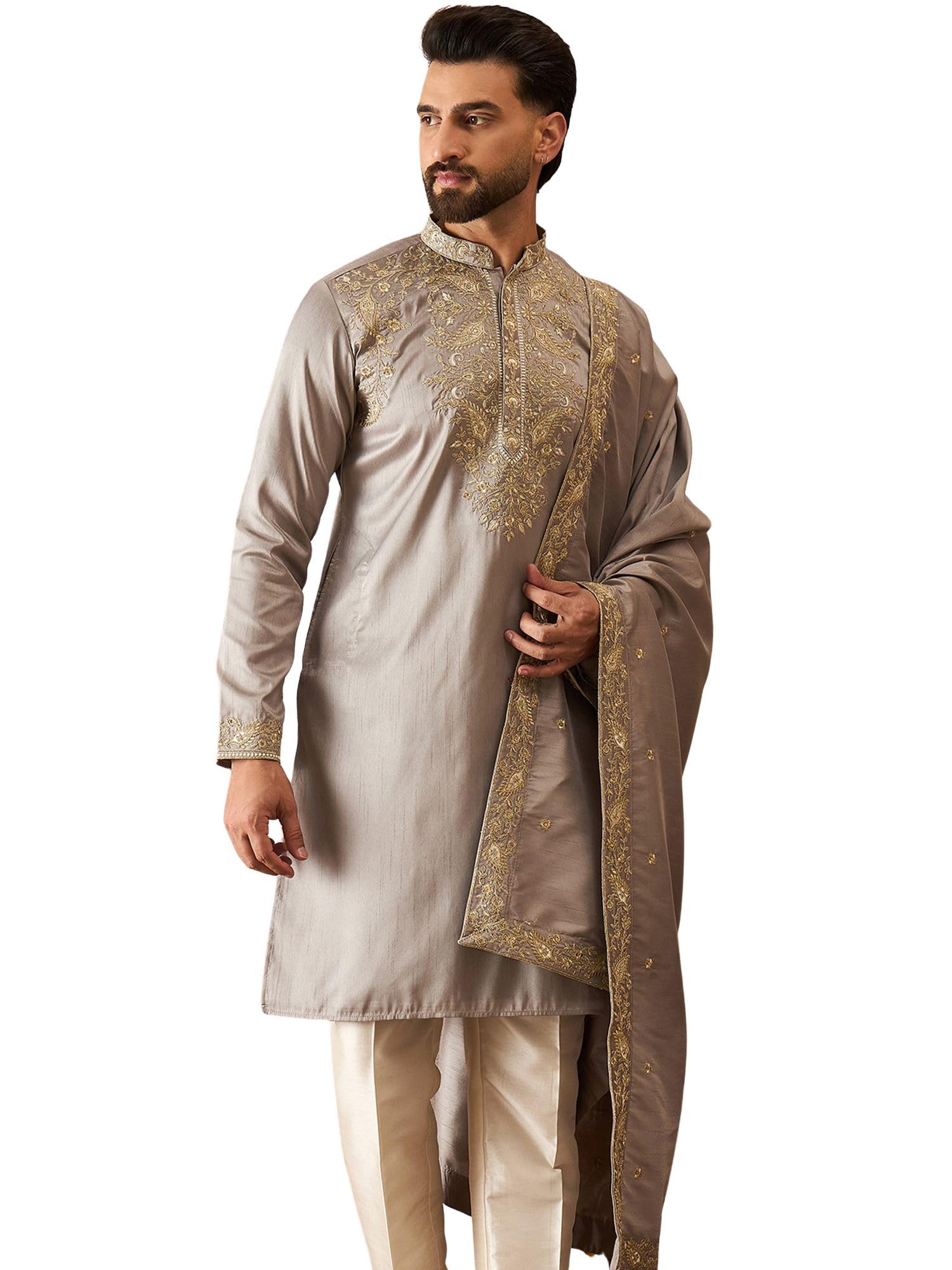 Men's Grey Silk Blend Embroidered Solid Calf Length Kurta With Dupatta | Men'S | Solid Kurtas With Dupatta For Men | Straight Fit KurtaS With Dupatta For Mens-picture-33