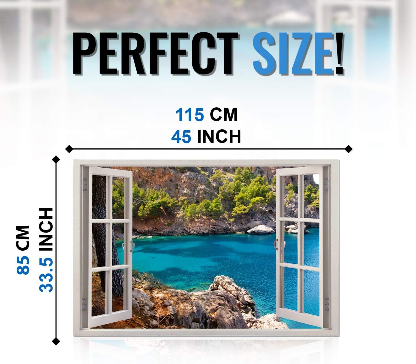 3D Depth Illusion Vinyl Wall Decal Sticker, Window Frame Style High-Quality Home Décor Art Removable Wall Sticker, 85 X 115 CM (Relaxing River Mountains Nautical Nature View)