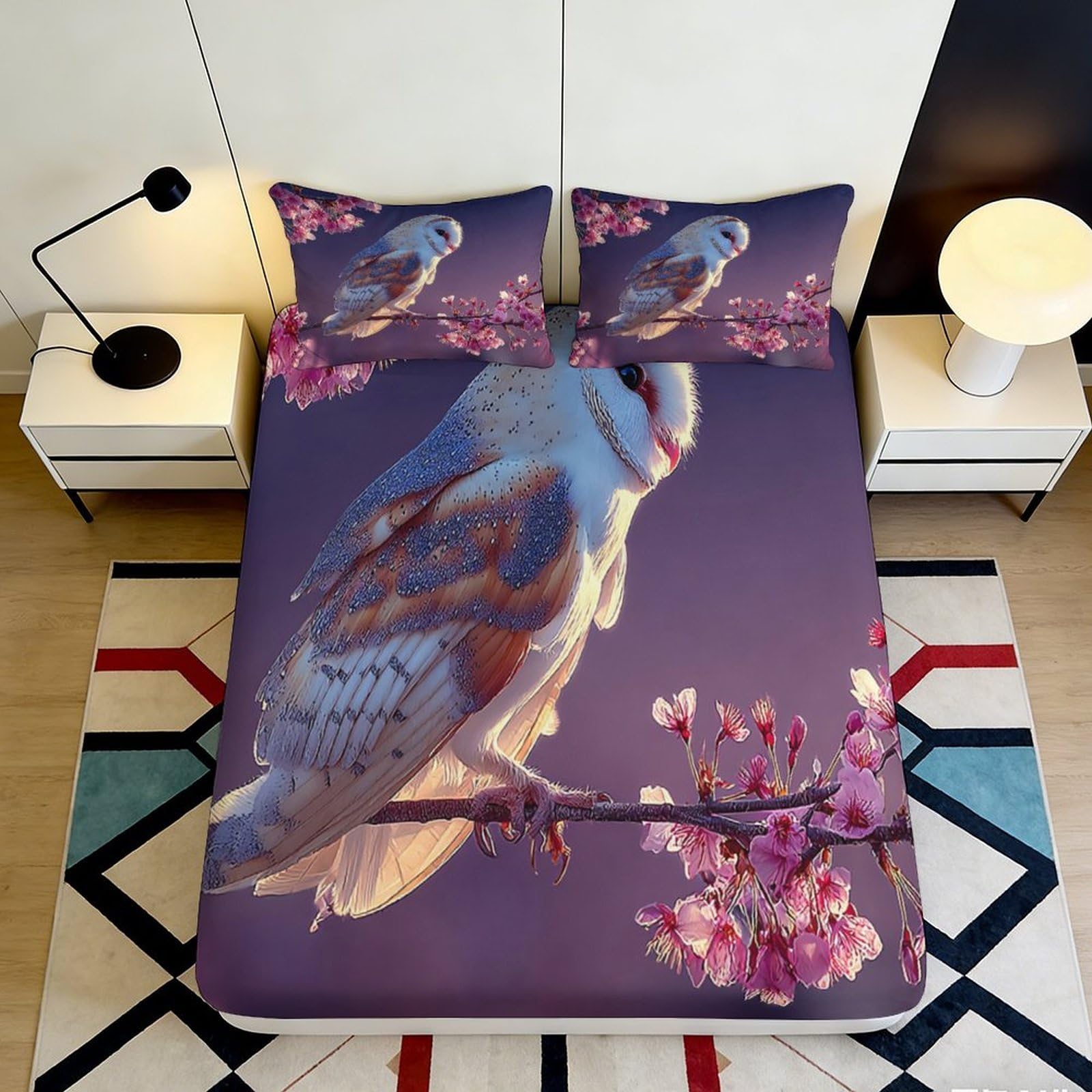3D Printed Owl Fitted Sheet Purple Cherry Blossom Microfiber Soft Touch Bed Cover Home Decor, Easy Care, Guest Room Bedding 90x200x25cm