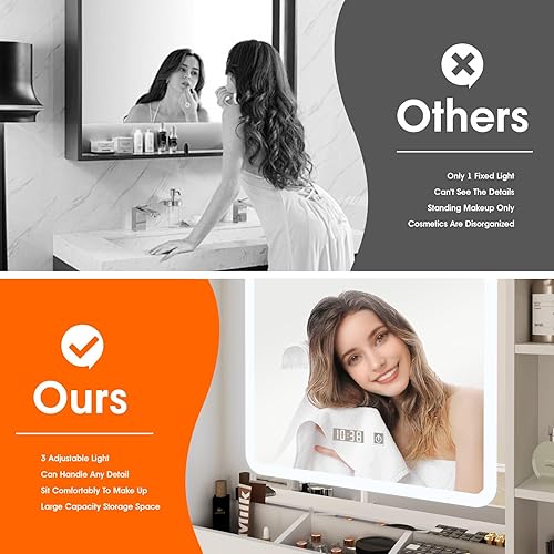 Miniatura 6 de Vabches Escritorio de tocador de maquillaje, espejo de tocador con luces, escritorio y silla, mesa de tocador blanca con grandes cajones y estantes