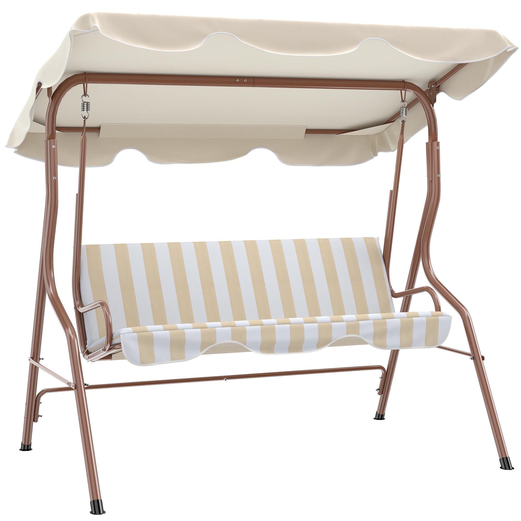 Outsunny Balancelle de Jardin 3 Places Toit imperméabilisé Inclinaison réglable Acier Polyester Marron crème rayé