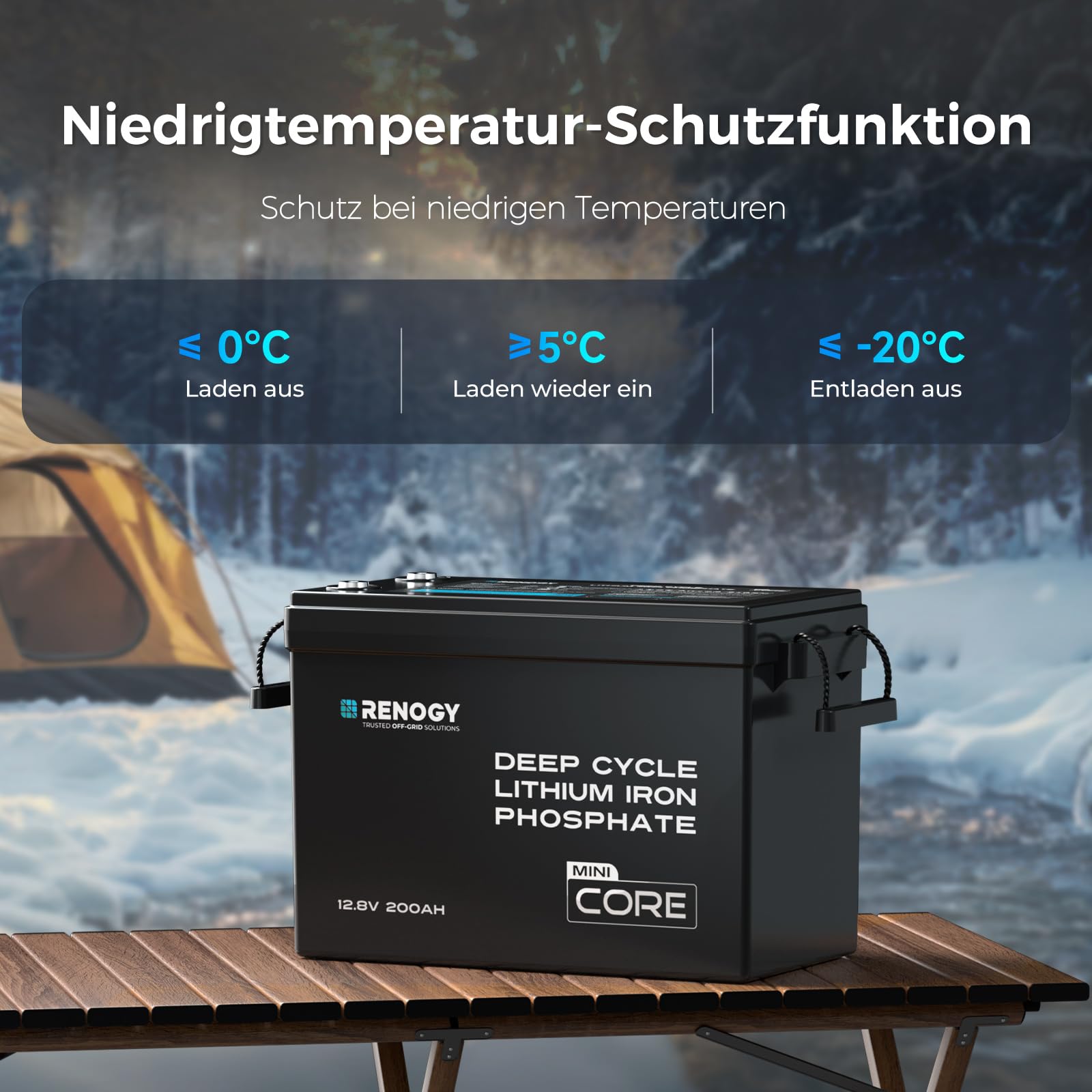 Renogy 12V 200Ah Core Mini LiFePO4 Lithium-Eisenphosphat-Batterie, Verbessertes 200A BMS 5000 Zyklen Kälteschutzfunktion Lithium Akku für Wohnmobile Solaranlage Wohnwagen Boot Camping Off-Grid-System
