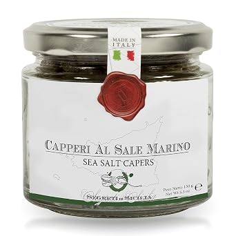 Frantoi Cutrera Gourmet Italian Capers in Sea Salt - 5.3 oz | Sicilian non pareil capers for Mediterranean flavor. Ideal for pasta, sauces, seafood, and garnishing.