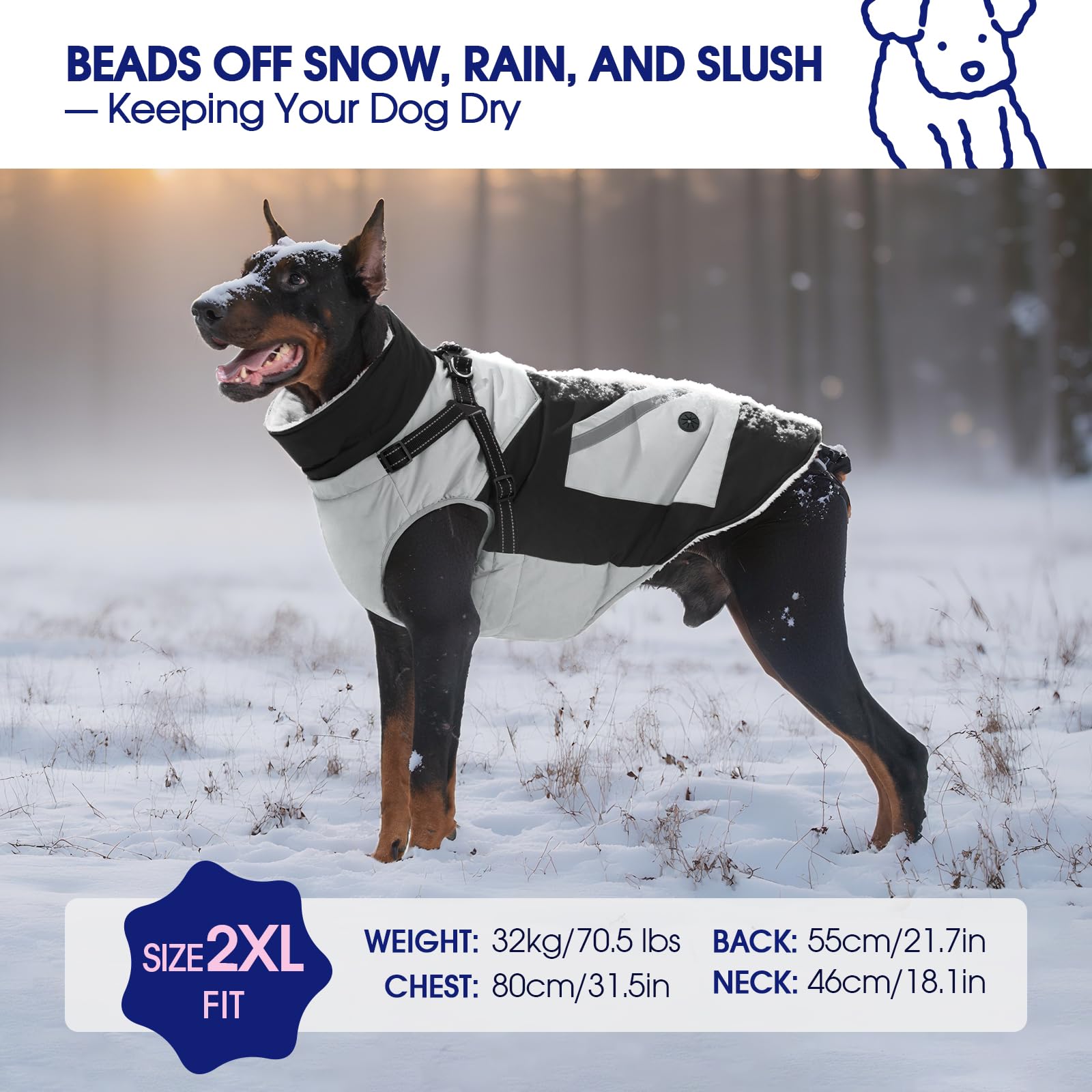 FUAMEY Chaqueta para perro, abrigo de invierno impermeable y reflectante con arnés y cremallera integrados, talla XXXL extra grande, color negro, con bolsillos para bolsas de excrementos