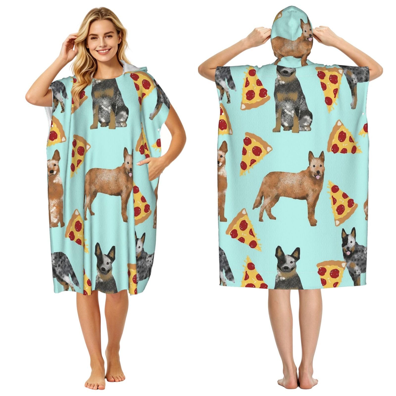 Poadnly Australian Cattle Dog Blue And Red Heelers And Pizzas, Adult Hooded Beach Towel 90 x 110 cm,Changing Bath Robe, Surf Poncho Towel For Women Men