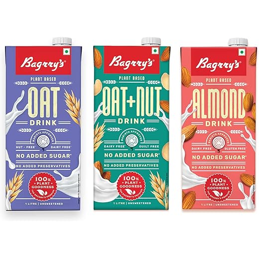 Bagrrys Plant Based Drink | Oat + Nut Drink | Oat Drink | Almond Drink - Unsweetned | Vegan | Dairy Free | Gluten Free | No Added Sugar | No Preservatives 1000ml Each, Assorted Pack of 3
