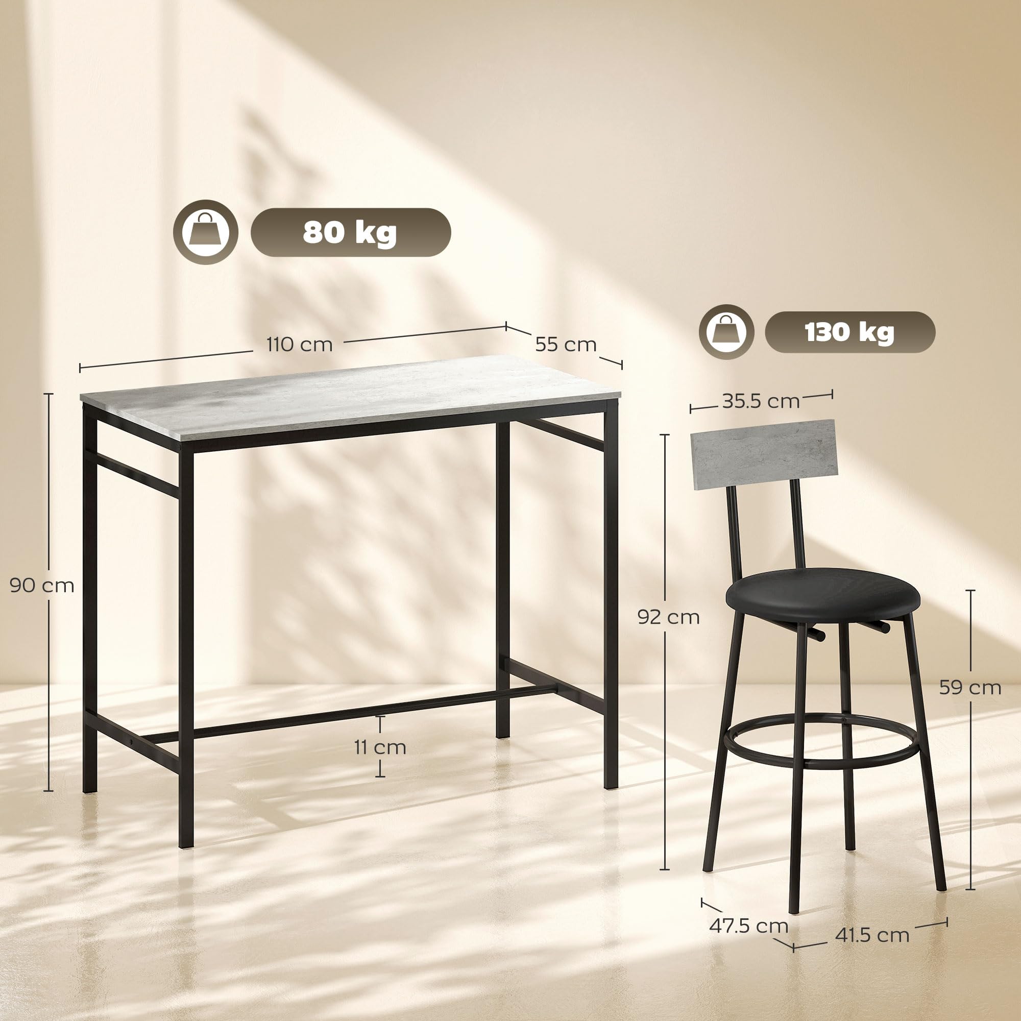 HOMCOM Juego de Mesa de Bar con 4 taburetes con tapicería de Cuero de PU, sillas de Bar y Cocina Que ahorran Espacio con Patas de Acero, Estilo Moderno, Mesa Alta con taburetes para el hogar Comedor