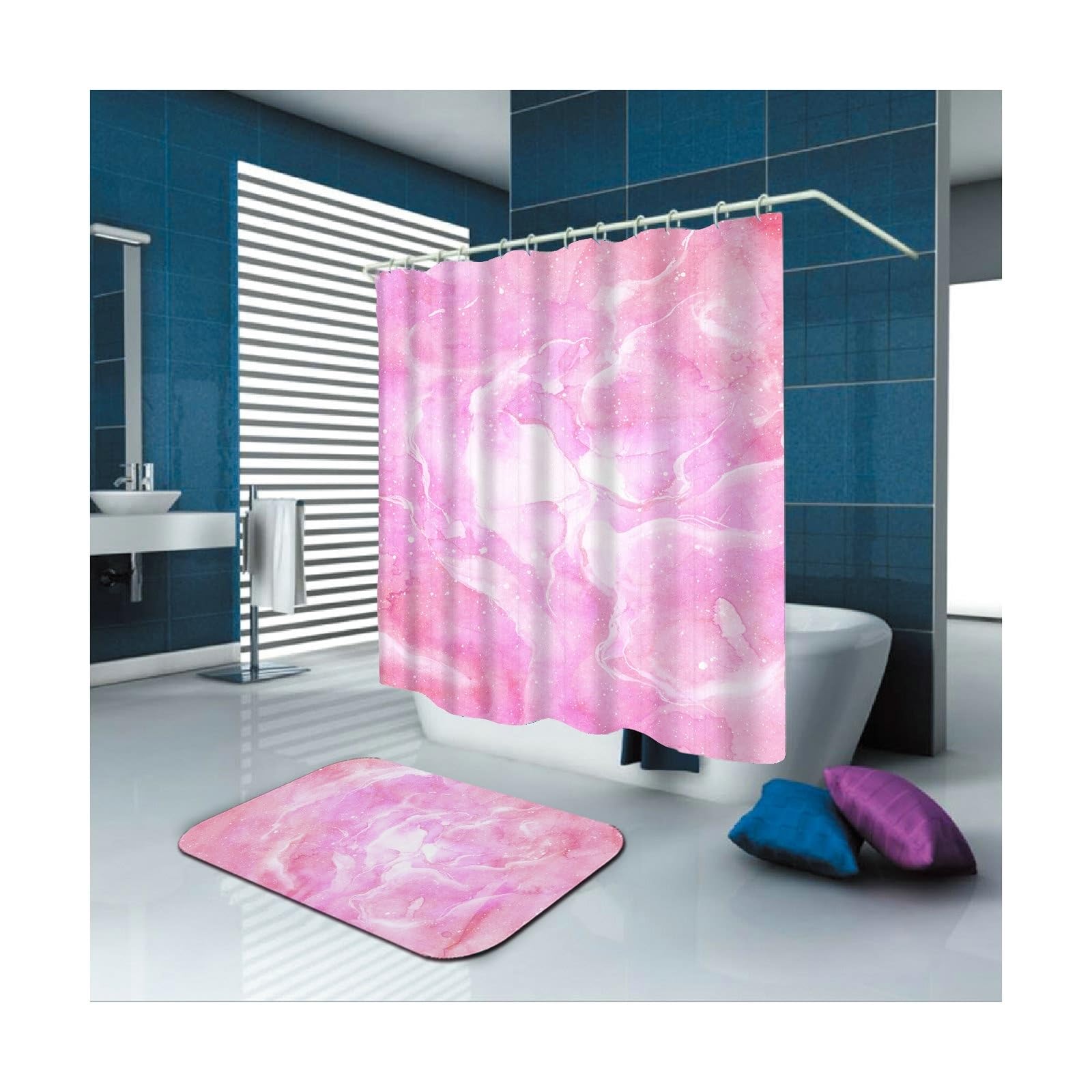 Tenda da doccia 180 x 180 cm, in tessuto rosa, fantasia, impermeabile, antimuffa, in poliestere, lavabile, 1,8 x 1,8 m di lunghezza (larghezza x altezza) con anelli per tenda da doccia