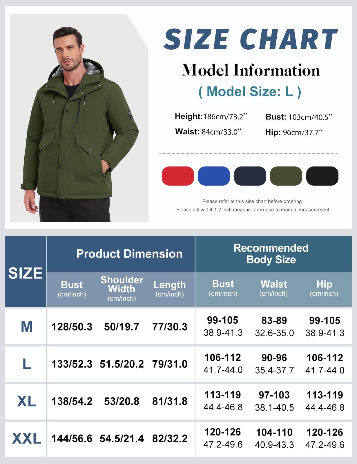 Voqeen Chaqueta de Esqui Hombre Impermeable Cazadora Cálida Aire Libre Térmica Capucha Desmontable Antiviento