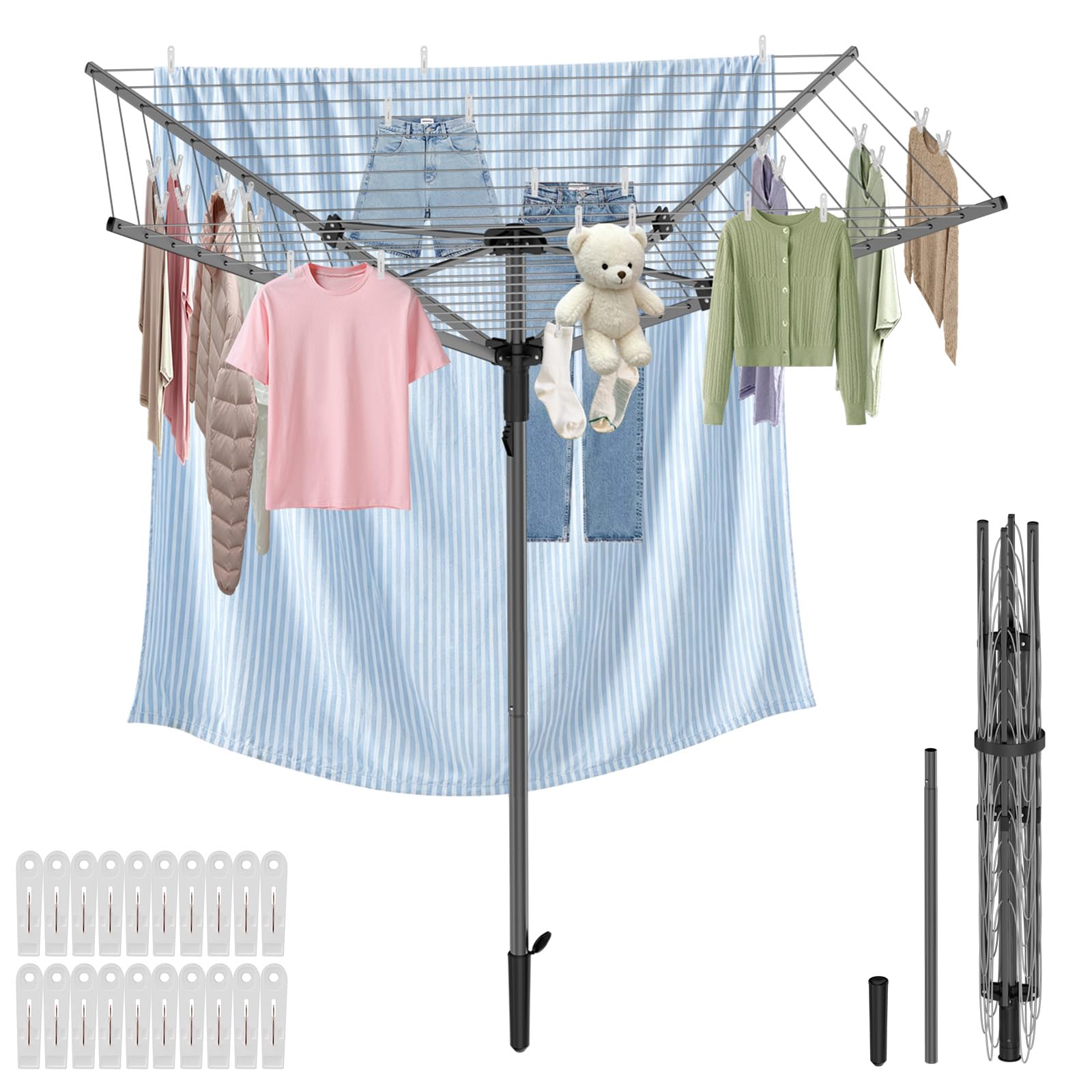 BAKON Heavy Duty Clothesline Outdoor,40M Rotary Adjustable Tension Umbrella Drying Rack, Anti-Sag Line for Large Clothes Bedding for Backyard Lawn Patio RV Camping