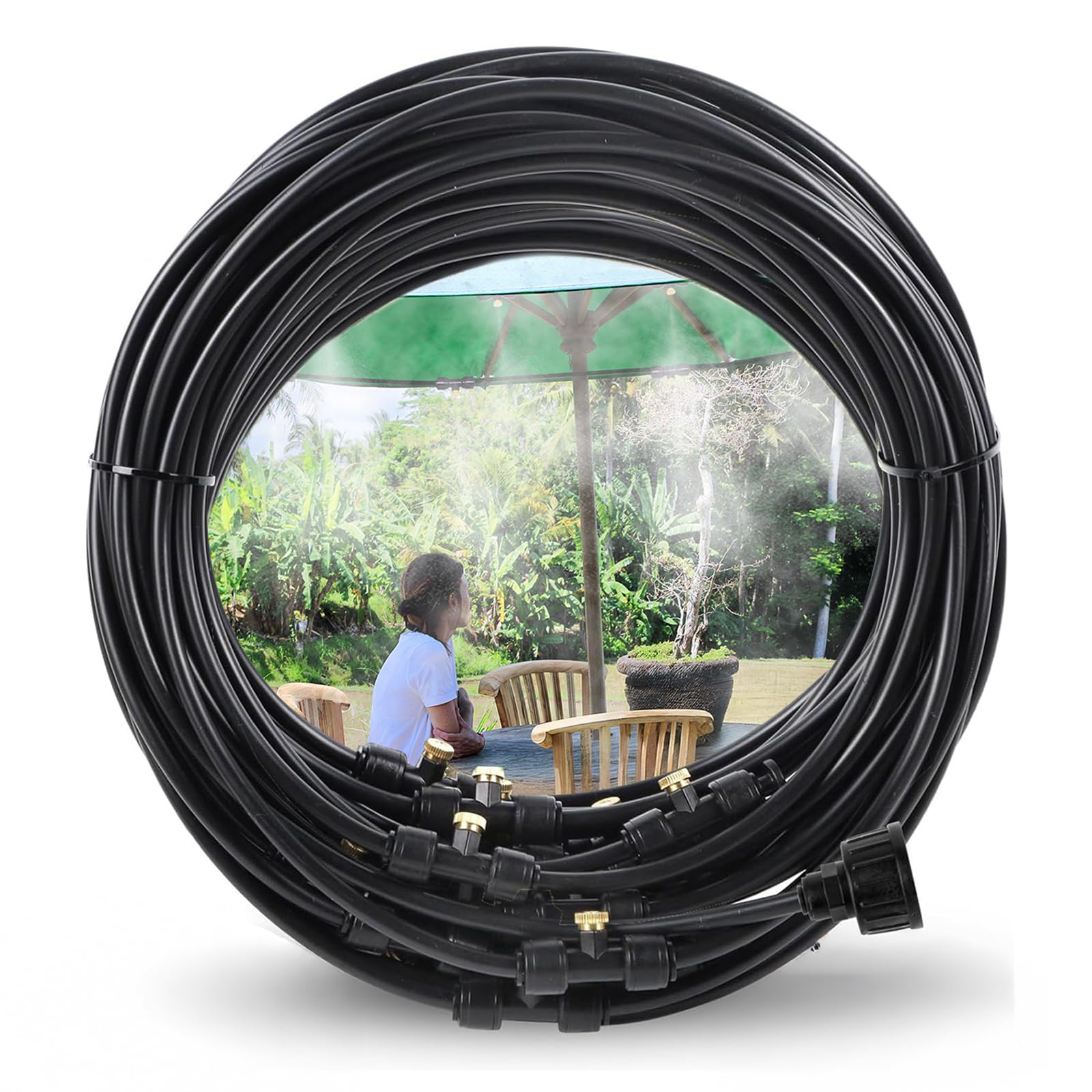 Tesmotor Set di raffreddamento a nebulizzazione da 18 m, sistema di miscelazione per esterni, con 20 ugelli in ottone e un filtro, per il raffreddamento della nebbia per ombrellone da giardino