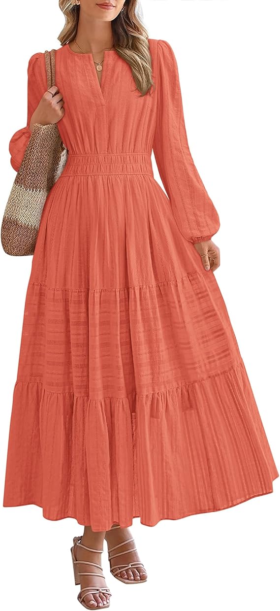 BTFBM Fall Dresses for Women 2025 Casual Long Sleeve V Neck Elastic Waist Lightweight Maxi Wedding Guest Dress Pockets