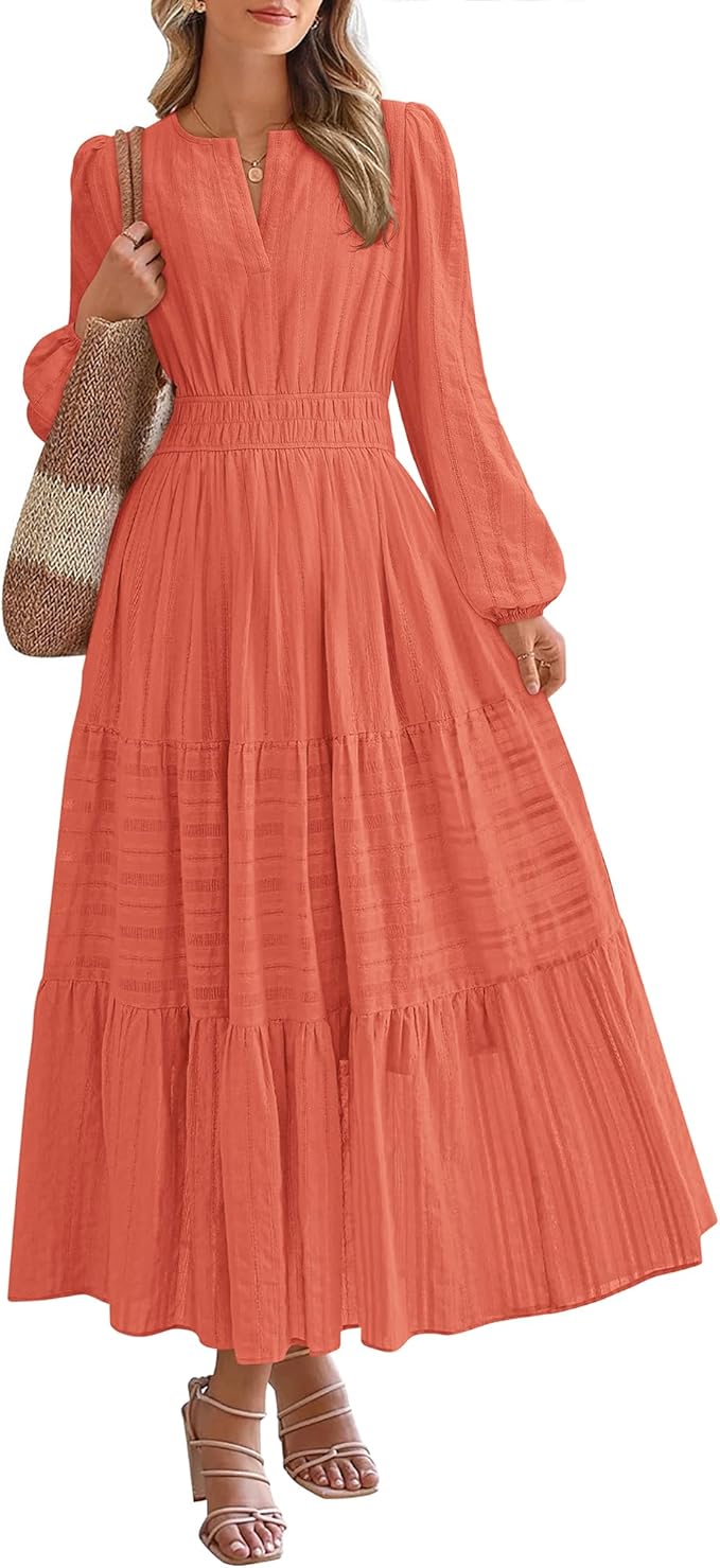 BTFBM Fall Dresses for Women 2025 Casual Long Sleeve V Neck Elastic Waist Lightweight Maxi Wedding Guest Dress Pockets