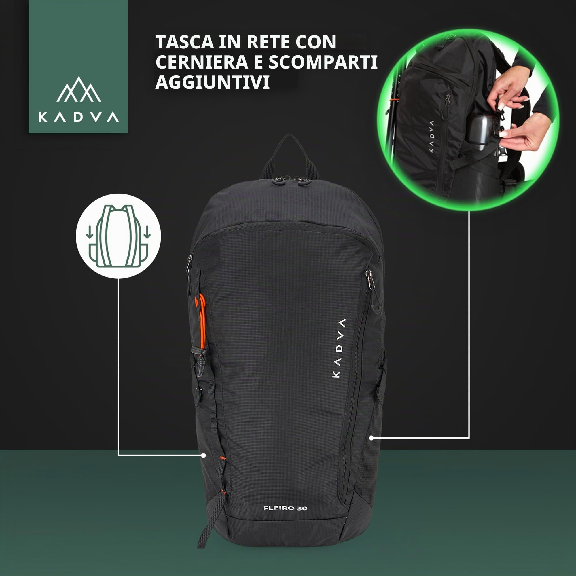 KADVA – Zaino da Trekking Fleiro 30 L con Schienale ventilato e Telaio, Accesso dal Basso al comparto Principale, Tasca per idratazione e Copertura Antipioggia Integrata