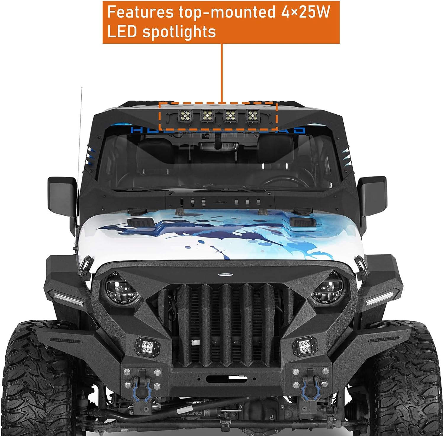 Hooke Road Madmax Visor Cowl Body Armor Windshield Frame Cover w/ 4 LED Lights for 2018-2026 Jeep Wrangler JL & Gladiator JT 2/4 Doors (Exclude JT Mojave, Wrangler 4xe, Rubicon 392)