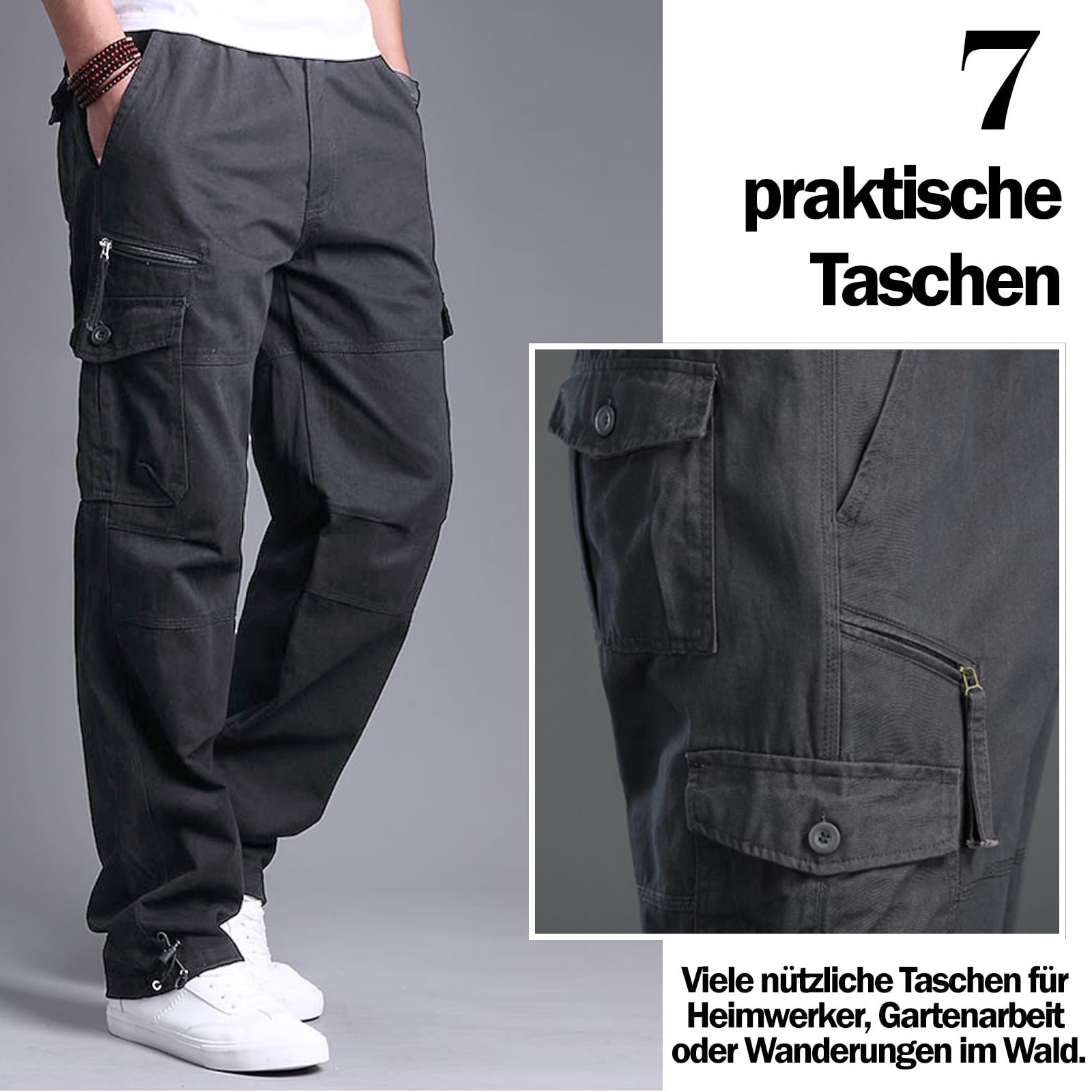 Cargohose Herren aus Baumwolle Cargo Hose mit 7 Taschen Elastische Taille Freizeithose