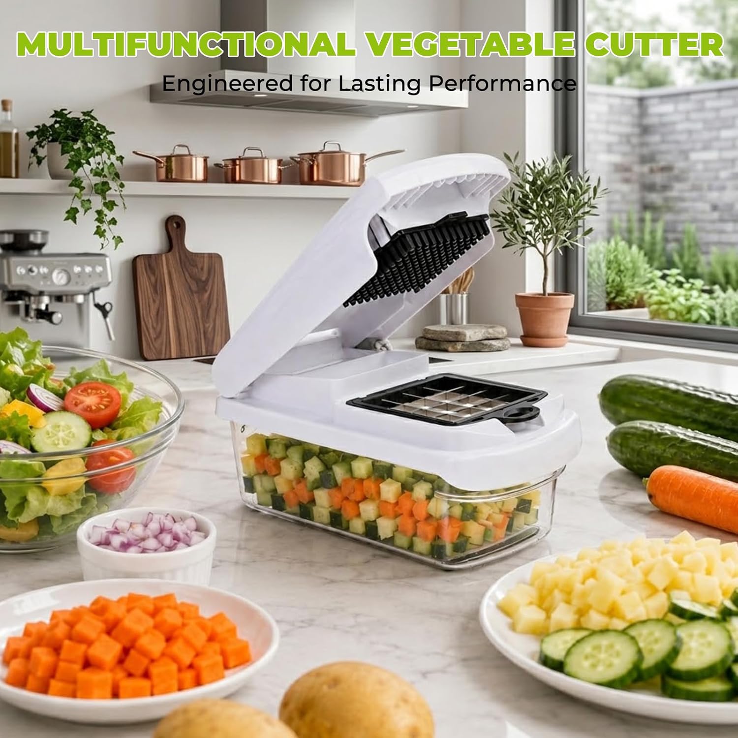 16-in-1 Upgraded Vegetable Chopper, Multifunctional Veggie Dicer Slicer Peeler with Interchangeable Blades & Built-in Storage Container, Suitable for Onion Potato Tomato Salad Meal Prep