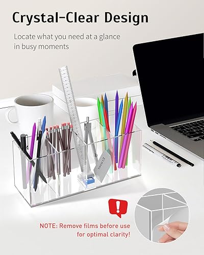 Miniatura 5 de Uniclife Soporte de acrílico transparente para escritorio, organizador de lápices de plástico con 4 compartimentos, organizador de artículos de