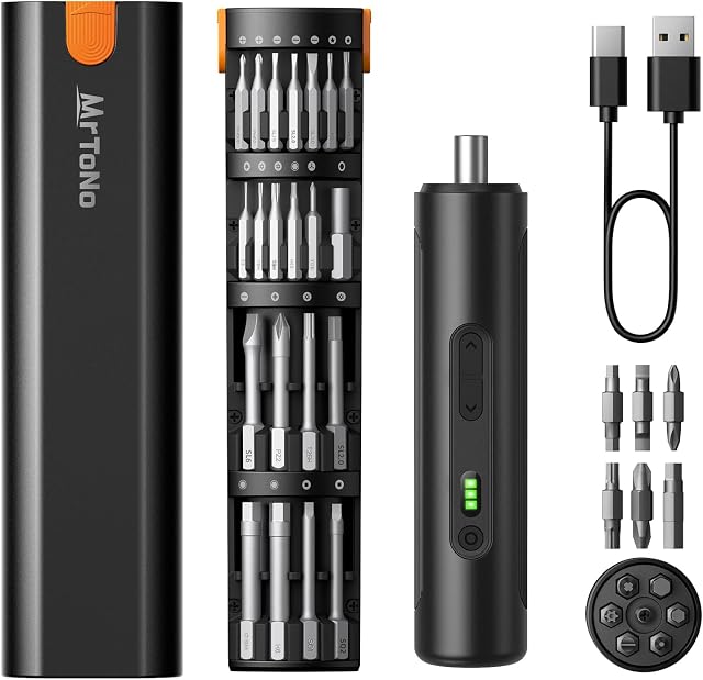 MrToNo Electric Screwdriver, Cordless Screwdriver Set, Power Screwdriver Set, 3 Torque Settings, 1500mAh Battery, 33 Magnetic Bits, LED Light, Rechargeable Tool for Furniture, DIY, Household Repair