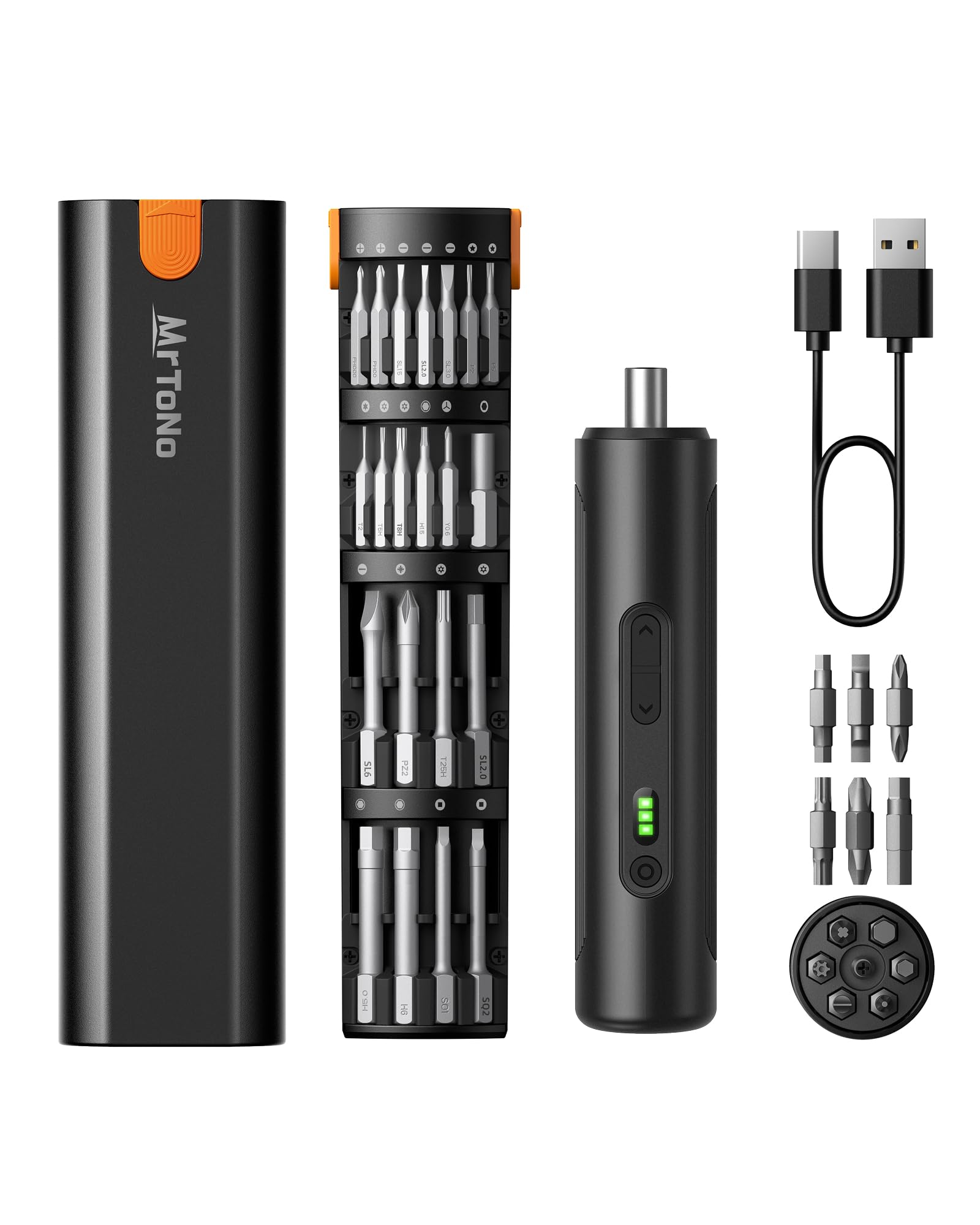 MrToNo Destornillador eléctrico, juego de destornilladores inalámbricos, 3 niveles de torsión, batería de 1500 mAh, 33 puntas magnéticas, luz LED, herramienta recargable para muebles, bricolaje