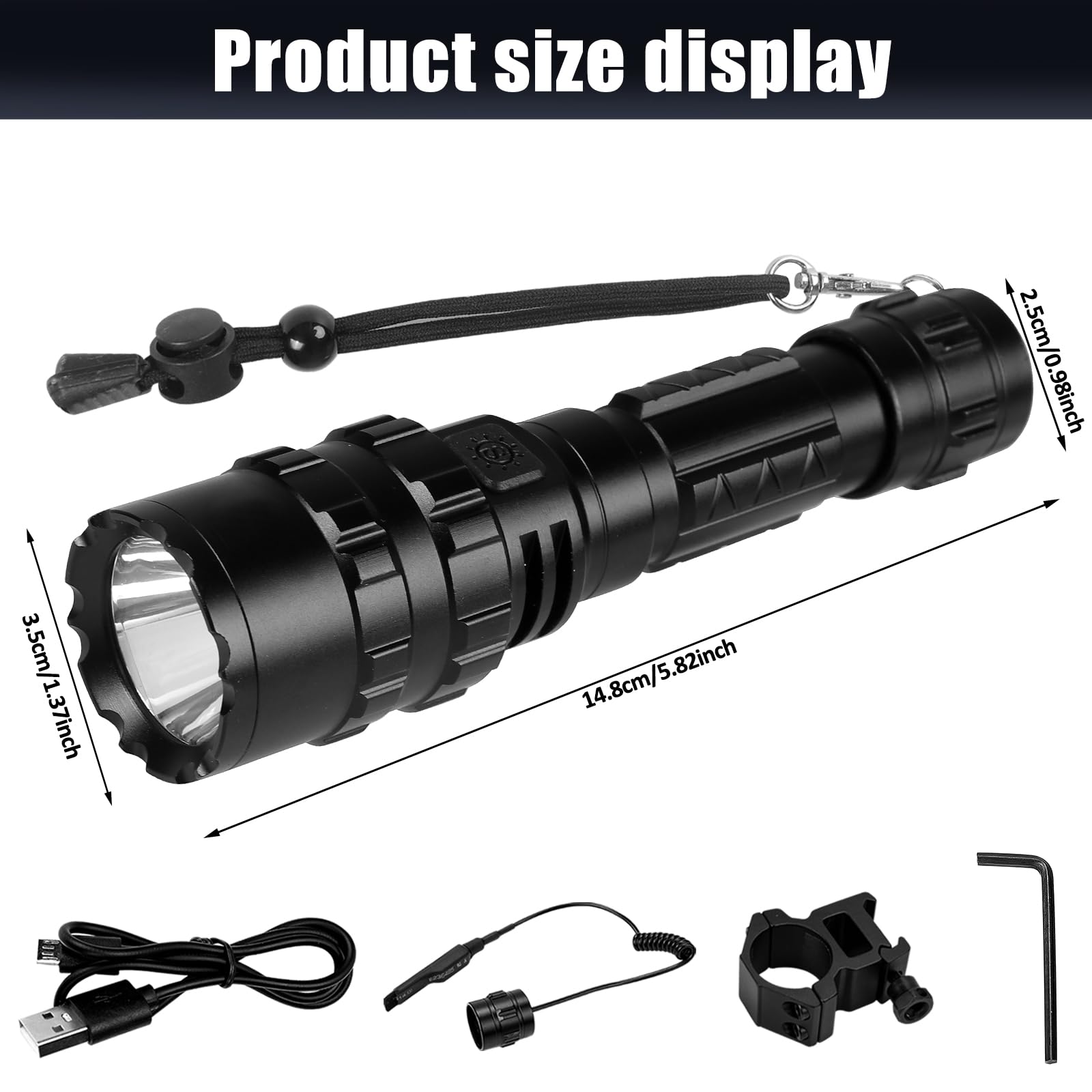 Kit de Linterna LED Alta Potencia Recargable 1600 LM Brillante Antorcha Táctica Linterna de Mano 5 modos 500 metros Impermeable con cargador USB y modo SOS (batería incluida)