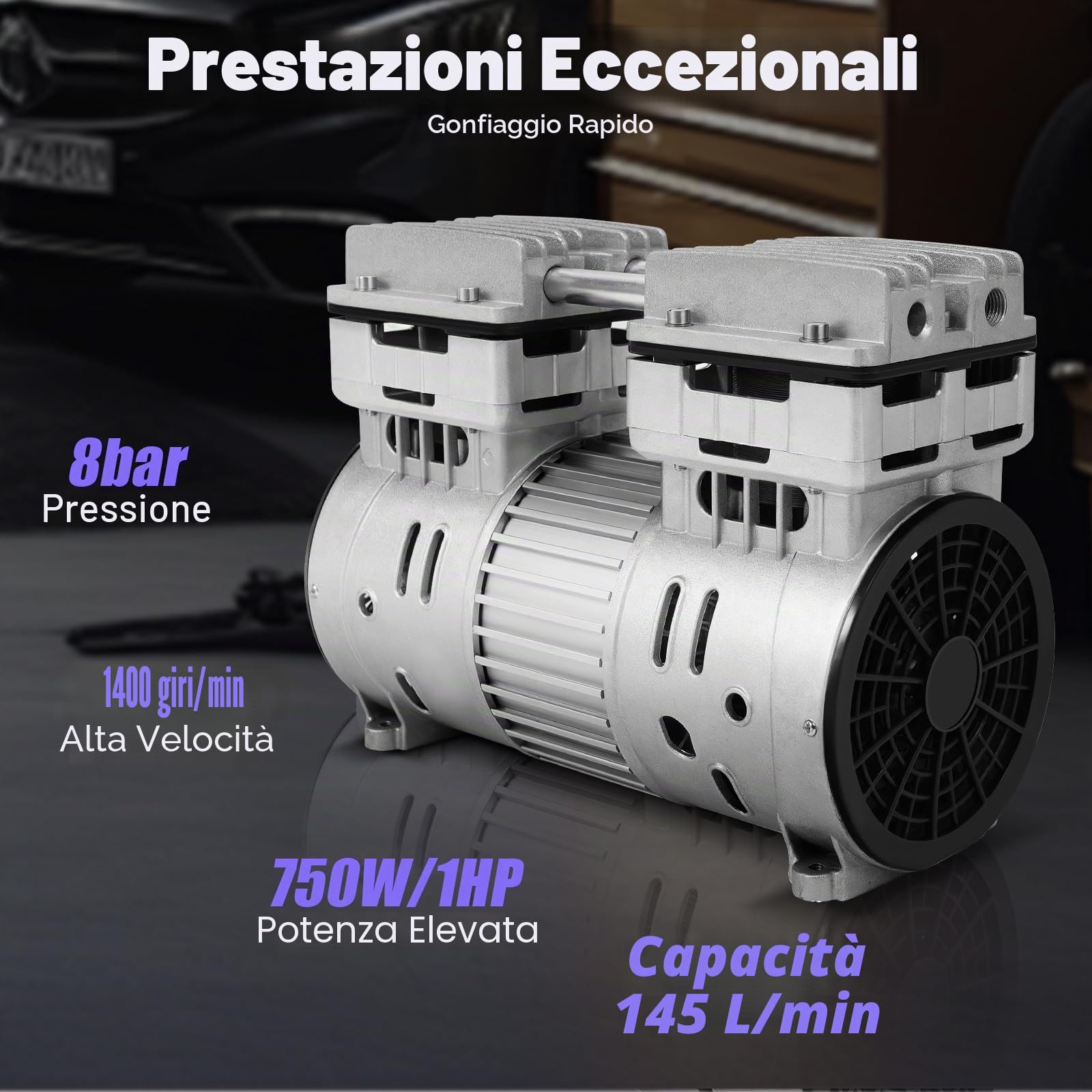 Compressore d'aria professionale senza olio 750w/1hp – Compressore d'aria potente ed efficiente con funzionamento silenzioso da 69 Db, raffreddamento efficiente e protezione da surriscaldamento,