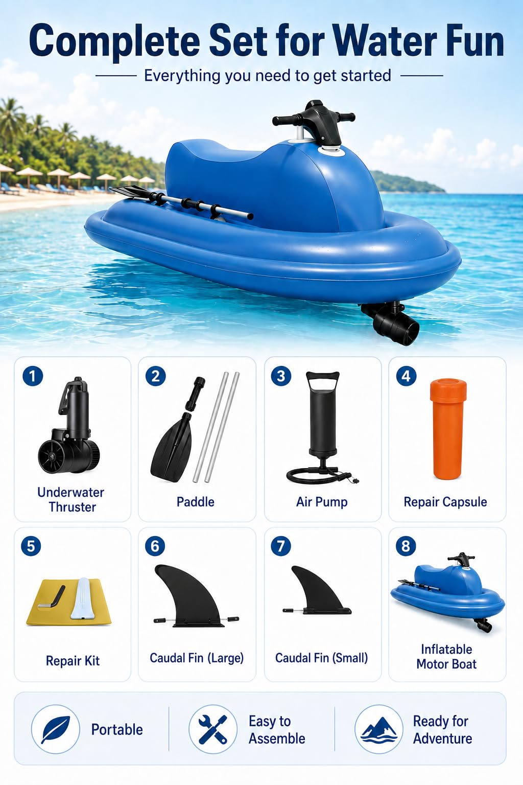 Elektrisches Schlauchboot mit Unterwasser Scooter für 1-2 Personen 500W10A | 3-9 Km/H Geschwindigkeit, Aufgeblasen 217 X 116 Cm, Sitz 100 Cm, Sitzhöhe 25 Cm, Traglast 150-220 Kg, Faltbar Mit Pumpe