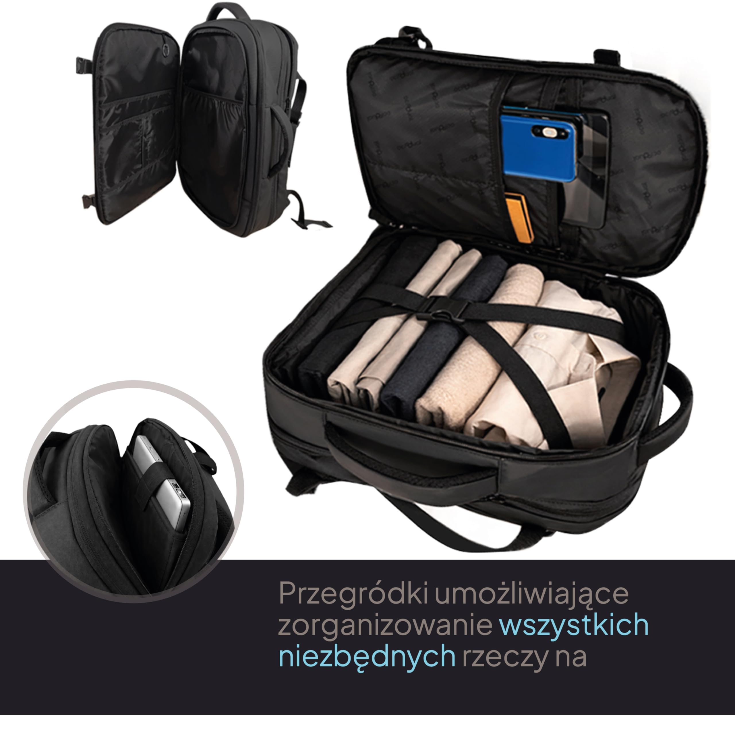 OcioDual Plecak podróżny do kabiny samolotu 55x40x20 Bagaż podręczny z możliwością powiększenia do 55x40x25 cm dla (Iberia, Easyjet, Lufthansa, Air France) Męska damska walizka kabinowa Przegroda
