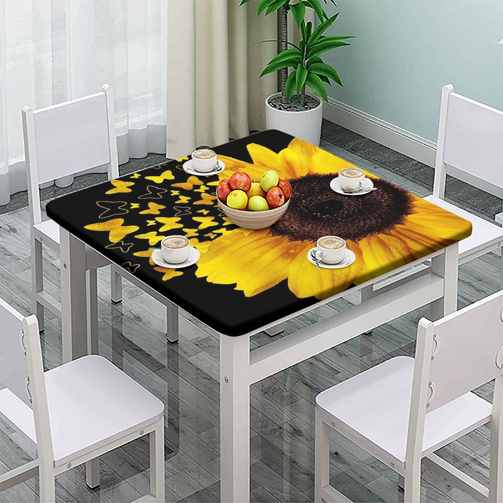 Sunflower Tablecloth Square, Rustic Farmhouse Floral Elastic Edged Polyester Fitted Table Cloth for Outdoor Indoor, Waterproof Wipeable Table Cover, Fits Tables up to 52