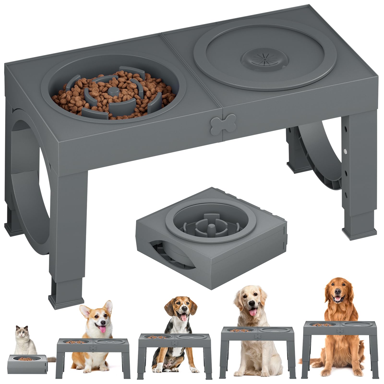 Aystkniet Raised Dog Bowls with Slow Feeder Bowls and Non Spill Water Bowl, Height Adjustable Bowl Stand 23cm/27cm/31cm/35cm, Elevated Dog Bowls, Dog feeding station Grey