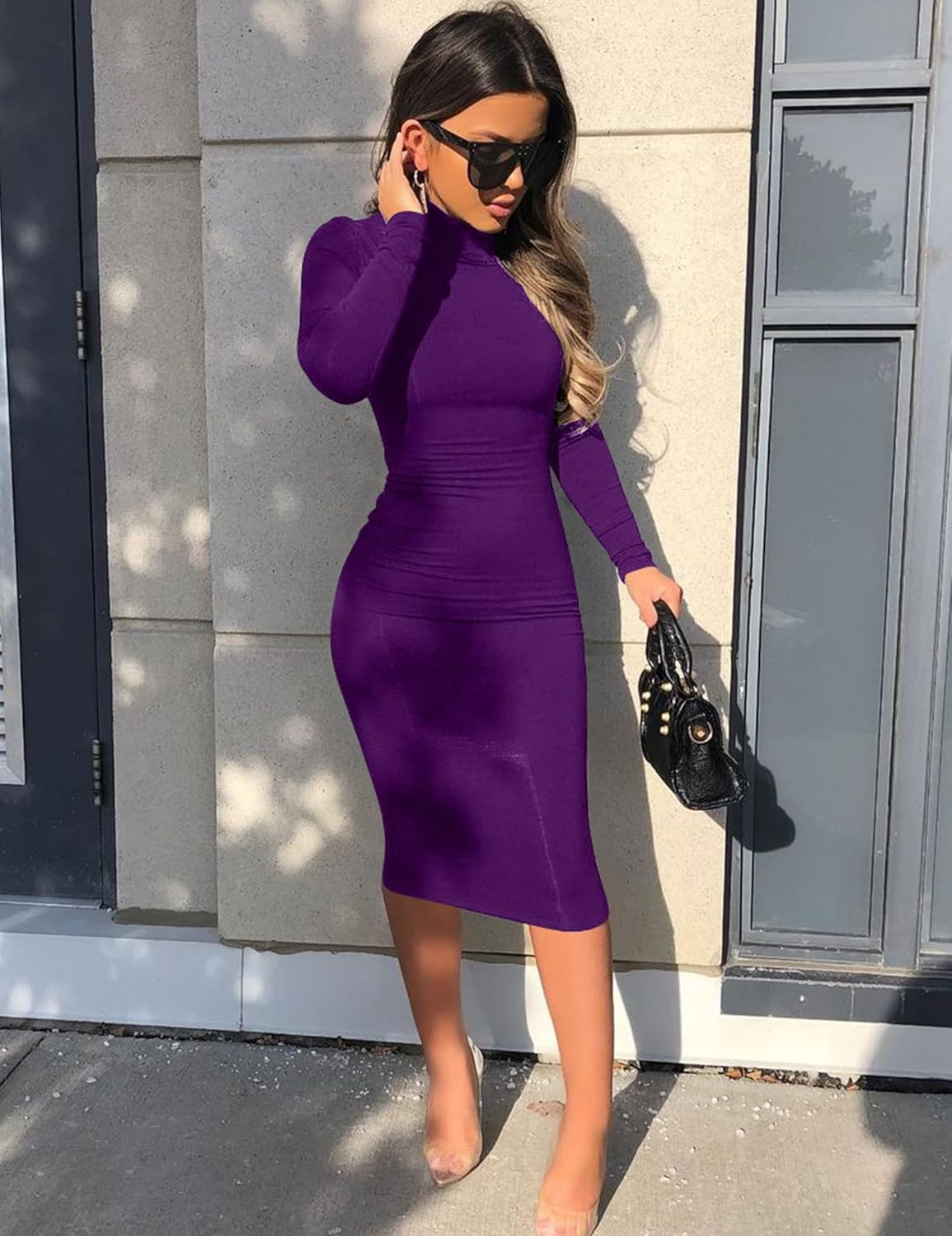 Women's Casual Long Sleeve Bodycon Sexy Turtleneck Midi Club Party Pencil Dresses - Image 5