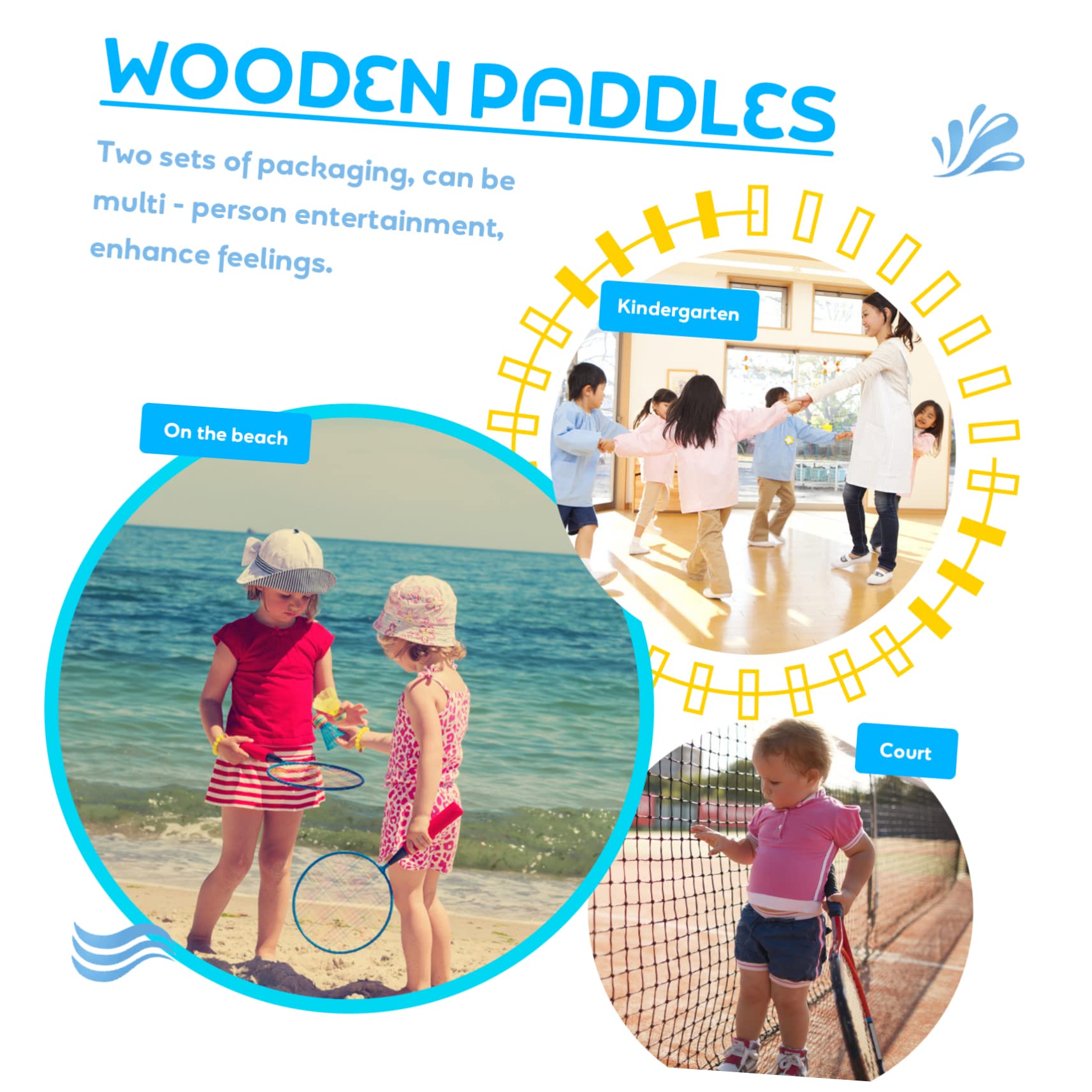 WOONEKY Set de Raquettes de Beachball en Bois Marron, Léger et Portable, pour Jeux de Plage et Sandales Femme Été, 4 Pièces pour Divertissement Multi-Personnes