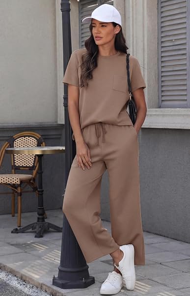 GRECERELLE Zweiteiler Jogginganzug Damen Sommer Trainingsanzug Outfits Tracksuit Kurzarm Lässige Rundhals Brusttasche Tshirts und weite Jogginghosen Trainingsanzüge mit Taschen - 2