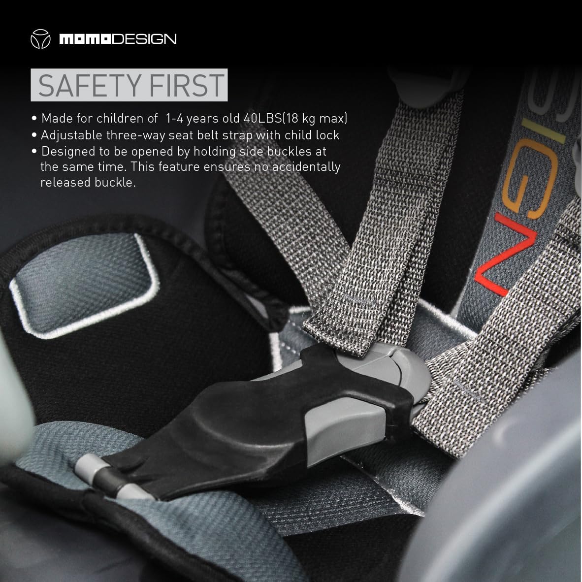 MOMODESIGN Bike Child Seat Carrier, Black, Front Mounting, Reversible Viewing, Adjustable Safety Straps, Bicycle, Frame, Ages 1-4 Years. Frame Mount. Adjustable Safety