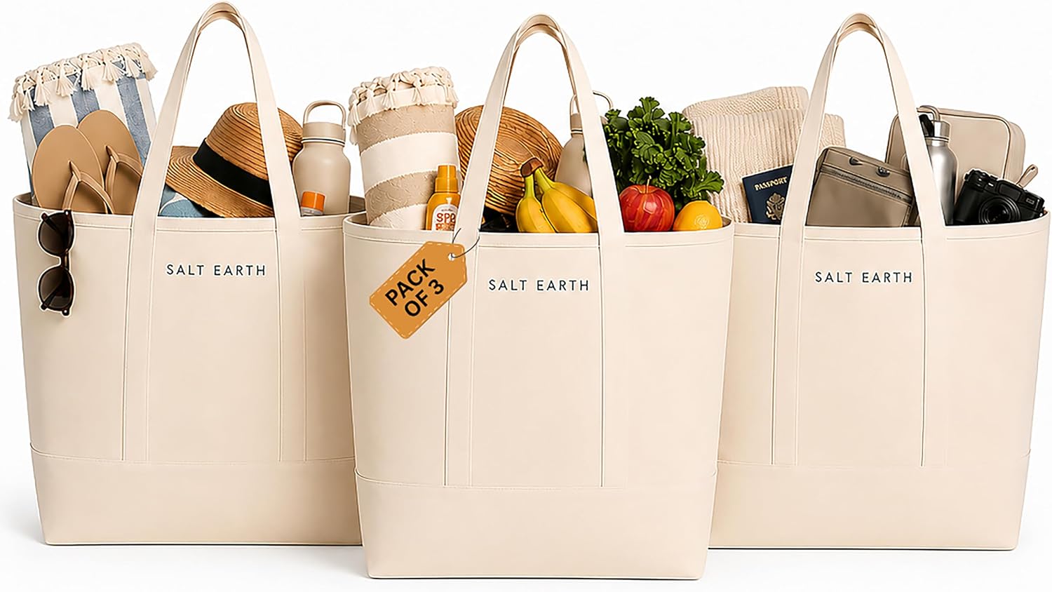Salt Earth Pack of 3 Cotton Canvas Tote Bag, Grocery, Beach, Travel-Natural