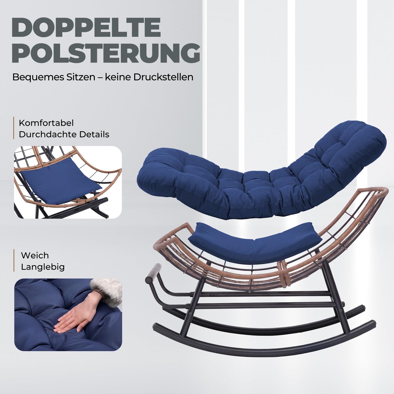 COMHOMA Übergroßer Schaukelstuhl, breite Schaukelliege mit extra dickem Sitzkissen, bequemer Loungesitz für den Innen- und Außenbereich, Wohnzimmer, Terrasse, Garten, Veranda (blau)
