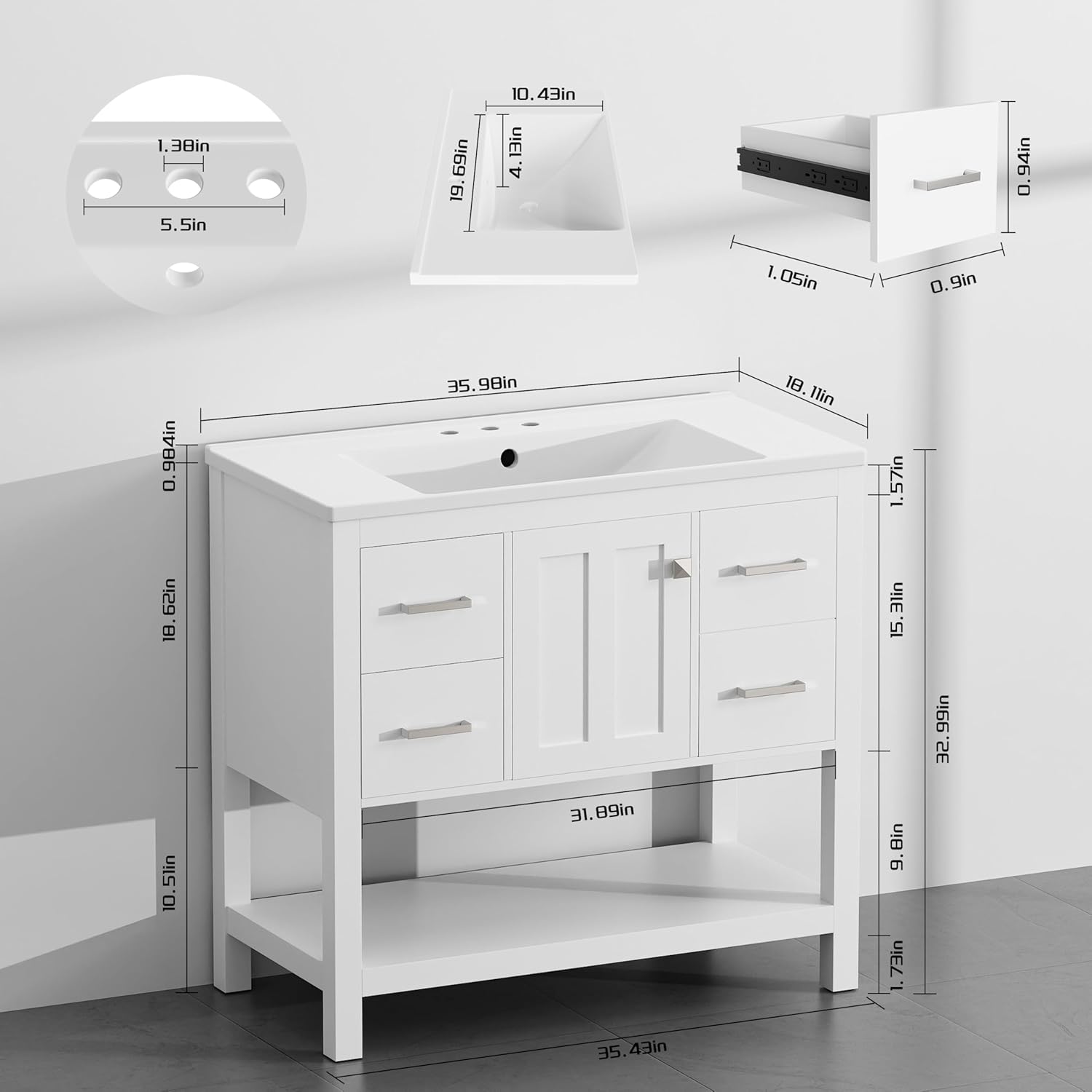 36'' Bathroom Vanity with Single Sink, Solid Wood Frame Modern Bathroom Storage Cabinet with 2 Power Outlets, 1 USB Port, 1 Tybe C Port, Bath Vanity Cabinet with 4 Drawers & Open Shelf, White