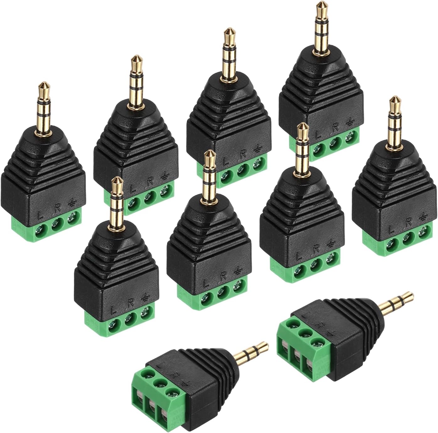 sourcing map 10Pcs 3.5mm TS Mono Male Plug to 3 Pin Screw Terminal Block, Gold Plated Solderless AUX Headphone Balun Converter Adapter for Headphone Headset Earphone Replacement