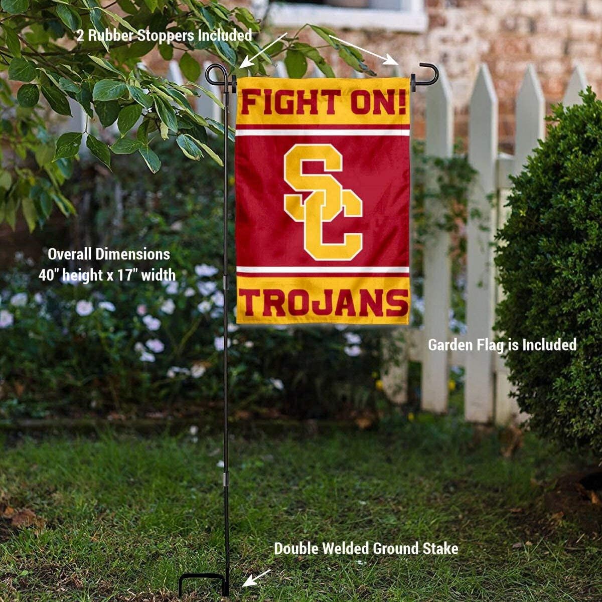 College Flags & Banners Co. USC Fight On Trojans 2 Sided Garden Flag and Flag Stand Pole Holder Set