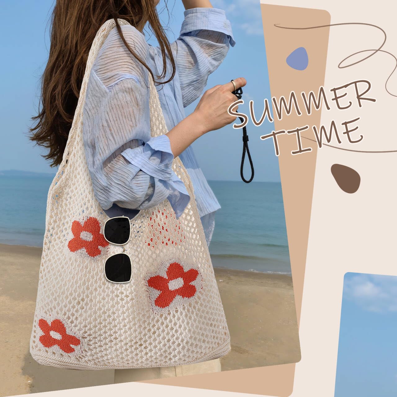 Premillow Crochet Beach Bags For Women, Stylish Beach Tote Summer Vacation Mesh Vintage Tote Bag Aesthetic Boho Bag for Girls, Beige-Flower