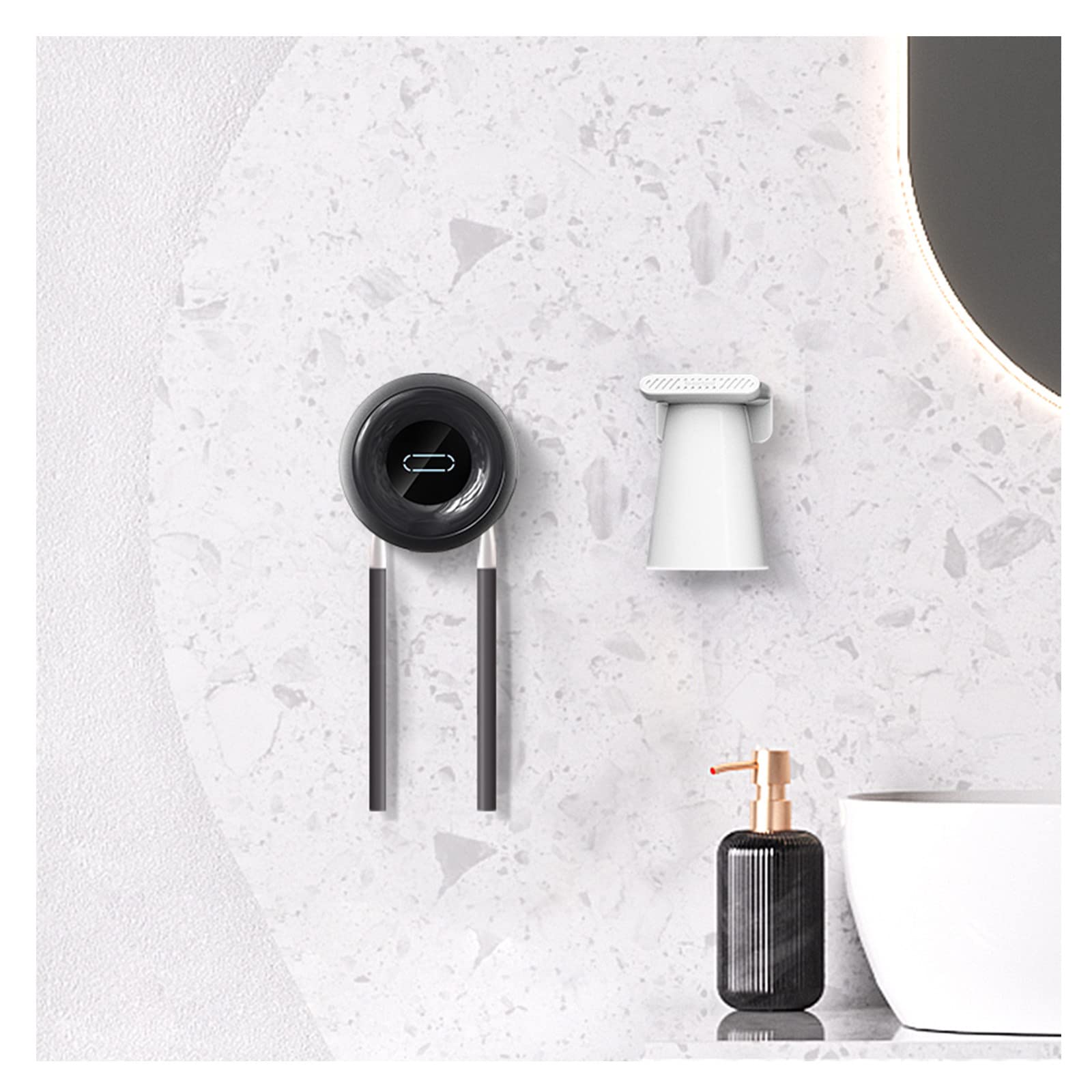 Porta Cepillo de Dientes, Soporte Cepillo de Dientes con Función Esterilizador, Estuche Cepillo Dientes con 2 Ranuras para Cepillos, Pequeño Organizador Baño USB Recargable Negro