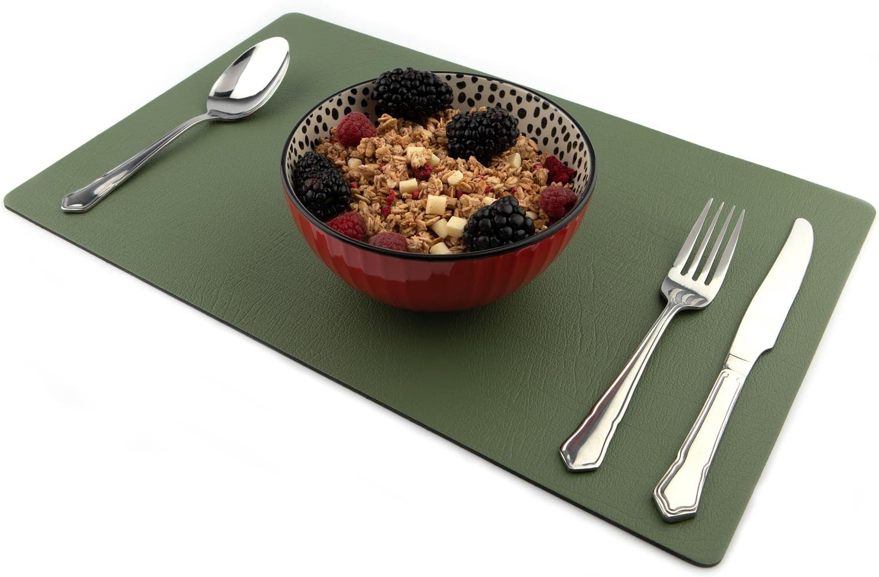 Sets of 8 Large Olive Green Recycled Leather Placemats (42cm x 26.5cm). Made in The UK by Lara-May. Sage Green Placemats