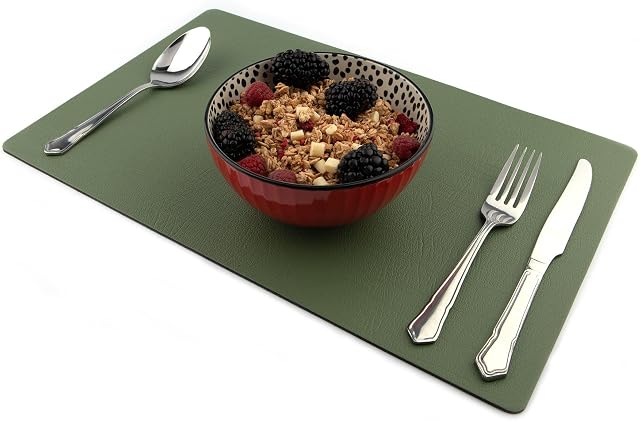 Sets of 4 Large Olive Green Recycled Leather Placemats (42cm x 26.5cm). Made in The UK by Lara-May. Sage Green Placemats