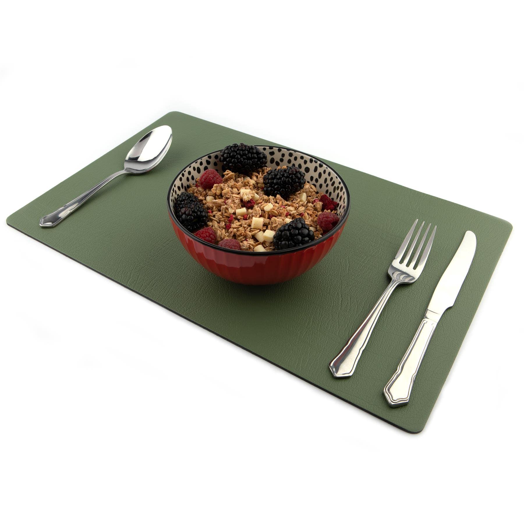 Sets of 8 Large Olive Green Recycled Leather Placemats (42cm x 26.5cm). Made in The UK by Lara-May. Sage Green Placemats