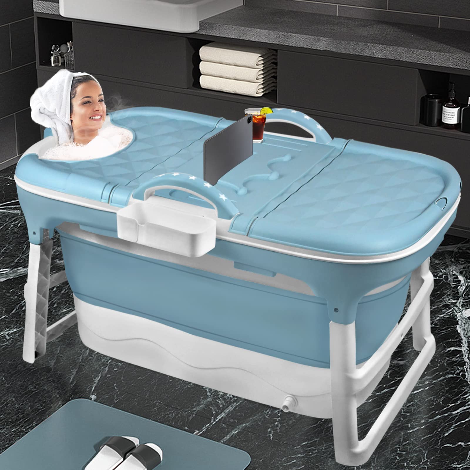 HENGMEI Bañera plegable para adultos, 112 x 62 x 52 cm, bañera portátil con cubierta, rodillos de masaje y bandeja para bañera, azul y verde